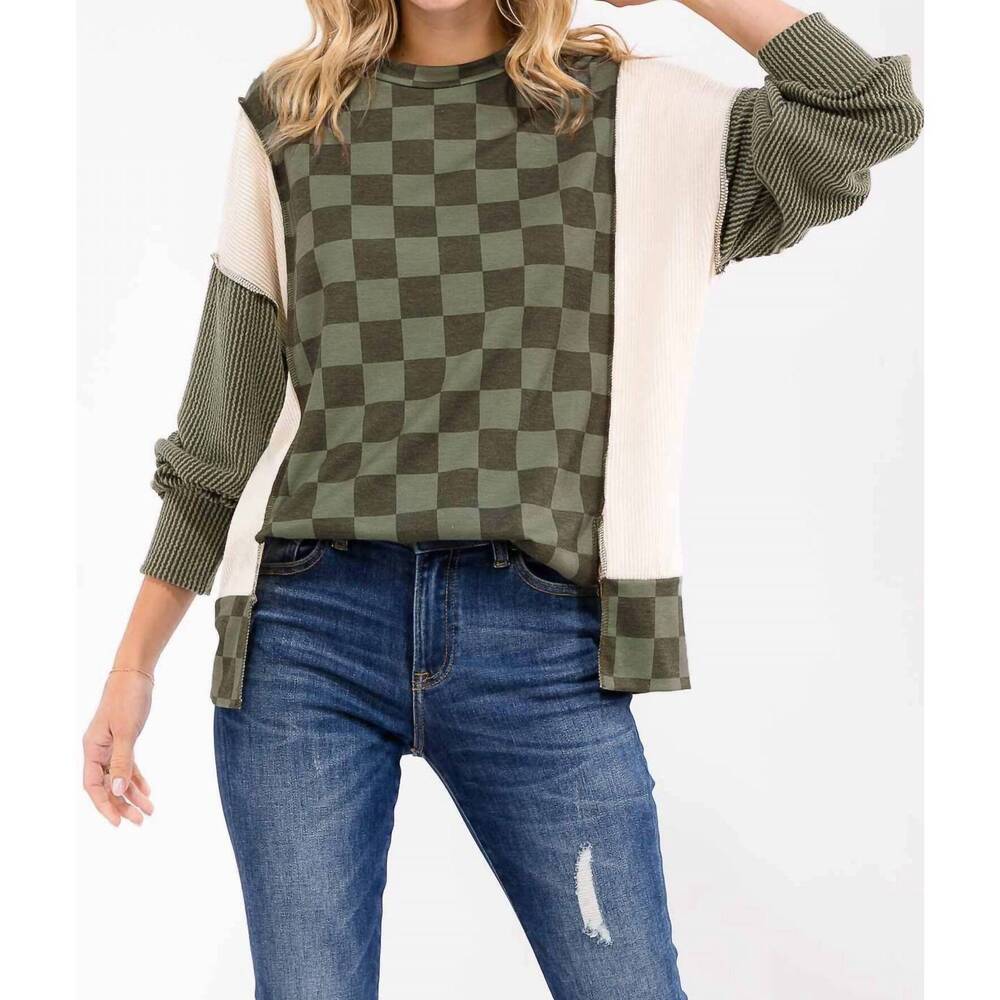 NEW 7TH RAY checkered color block pullover sweater in olive